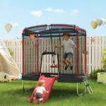 Qaba 4 x 6FT Trampoline for Kids Indoor and Outdoor with Slide, Swing, Basketball Hoop and Safety Enclosure, Red - Image 2