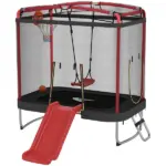 Qaba 4 x 6FT Trampoline for Kids Indoor and Outdoor with Slide, Swing, Basketball Hoop and Safety Enclosure, Red