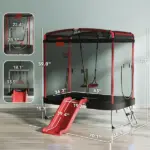 Qaba 4 x 6FT Trampoline for Kids Indoor and Outdoor with Slide, Swing, Basketball Hoop and Safety Enclosure, Red - Image 3