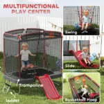Qaba 4 x 6FT Trampoline for Kids Indoor and Outdoor with Slide, Swing, Basketball Hoop and Safety Enclosure, Red - Image 8
