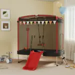 Qaba 4 x 6FT Trampoline for Kids Indoor and Outdoor with Slide, Swing, Basketball Hoop and Safety Enclosure, Red - Image 9