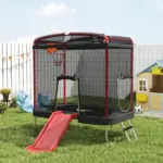Qaba 4 x 6FT Trampoline for Kids Indoor and Outdoor with Slide, Swing, Basketball Hoop and Safety Enclosure, Red - Image 10