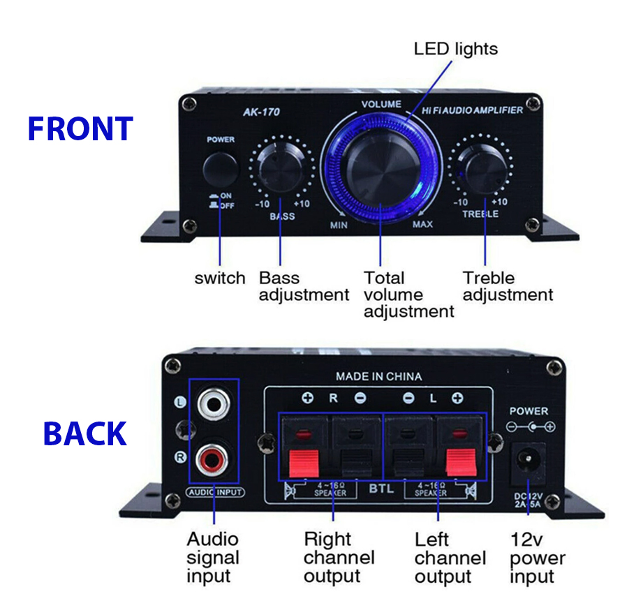 400W Max 12V 2 Channel Stereo Audio Amplifier with Bass and Treble Controls