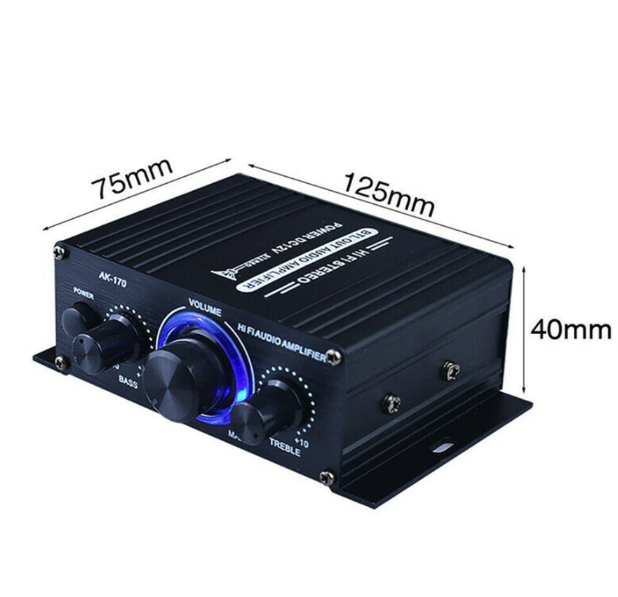 400W Max 12V 2 Channel Stereo Audio Amplifier with Bass and Treble Controls