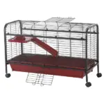 41"L Small Animal Cage, Rabbit Guinea Pig Hutch, Ferret Pet Play House with Feeder, Rolling Wheels, Platform and Ramp, Red/Black