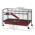 41"L Small Animal Cage, Rabbit Guinea Pig Hutch, Ferret Pet Play House with Feeder, Rolling Wheels, Platform and Ramp, Red/Black - Image 3