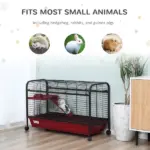 41"L Small Animal Cage, Rabbit Guinea Pig Hutch, Ferret Pet Play House with Feeder, Rolling Wheels, Platform and Ramp, Red/Black - Image 5
