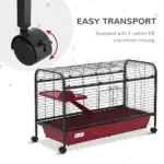 41"L Small Animal Cage, Rabbit Guinea Pig Hutch, Ferret Pet Play House with Feeder, Rolling Wheels, Platform and Ramp, Red/Black - Image 6