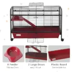 41"L Small Animal Cage, Rabbit Guinea Pig Hutch, Ferret Pet Play House with Feeder, Rolling Wheels, Platform and Ramp, Red/Black - Image 7