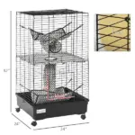 PawHut 42" Hamster Cage, Small Animal Cage Habitat for Ferret with Wheels, Hammocks, Tunnels and 3 Doors, Black - Image 3