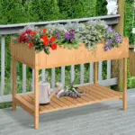 Outsunny 43x18x30in Raised Garden Bed with 8 Pockets and Shelf, Wooden Elevated Planter Box with Legs to Grow Herbs, Vegetables, and Flowers, Natural - Image 2