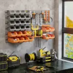 44 PCS Wall Mounted Pegboard Tool Organizer Rack Kit with Various Sized Storage Bins, Pegboard and Hooks, Orange - Image 10