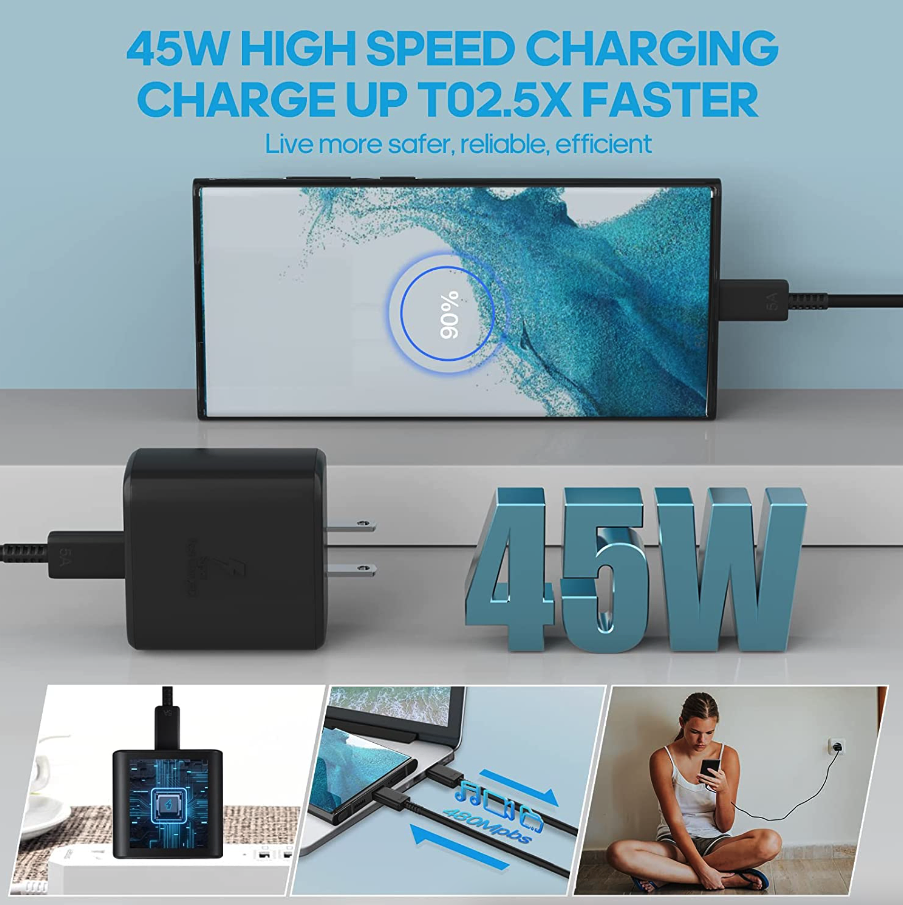 45W USB C Fast Wall Charger with 10 Foot Cable for Samsung Galaxy S20 S21 S22 S23
