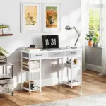 47" Small Computer Desk, Writing Desk with Fabric Drawers, Home Office Desk with Adjustable Shelves, White - Image 2