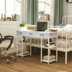 47" Small Computer Desk, Writing Desk with Fabric Drawers, Home Office Desk with Adjustable Shelves, White - Image 9