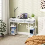 47" Small Computer Desk, Writing Desk with Fabric Drawers, Home Office Desk with Adjustable Shelves, White - Image 10