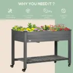 47" x 21" Raised Garden Bed Elevated Wooden Planter Box w/ Lockable Wheels, Storage Shelf for Backyard, Dark Gray - Image 7