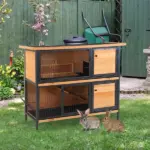 48 Inch 2 Level Wooden Rabbit Hutch with Ramp, Tray and Feeding Trough, Natural - Image 2