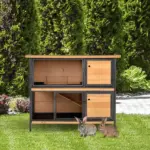 48 Inch 2 Level Wooden Rabbit Hutch with Ramp, Tray and Feeding Trough, Natural - Image 10