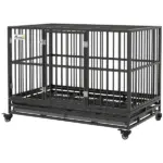48" Heavy Duty Dog Crate Metal Cage Kennel with Lockable Wheels, Double Door and Removable Tray, gray