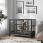 48" Heavy Duty Dog Crate Metal Cage Kennel with Lockable Wheels, Double Door and Removable Tray, gray - Image 10