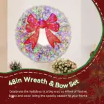 HOMCOM 48in Flocked Pre-Lit Christmas Wreath with 3D Red Bow, 11 Lighting Modes, Front Door Christmas Wreath with Remote - Image 4
