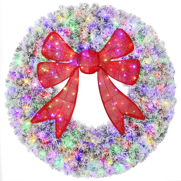 48in-flocked-pre-lit-christmas-wreath-with-3d-red-bow-11-lighting-modes-front-door-christmas-wreath-with-remote.webp HOMCOM 48in Flocked Pre-Lit Christmas Wreath with 3D Red Bow, 11 Lighting Modes, Front Door Christmas Wreath with Remote - Image 1