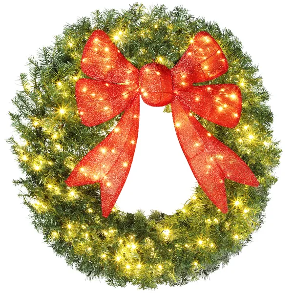 48in-pre-lit-christmas-wreath-with-3d-red-bow-11-lighting-modes-front-door-christmas-wreath-with-remote.webp HOMCOM 48in Pre-Lit Christmas Wreath with 3D Red Bow, 11 Lighting Modes, Front Door Christmas Wreath with Remote - Image 1