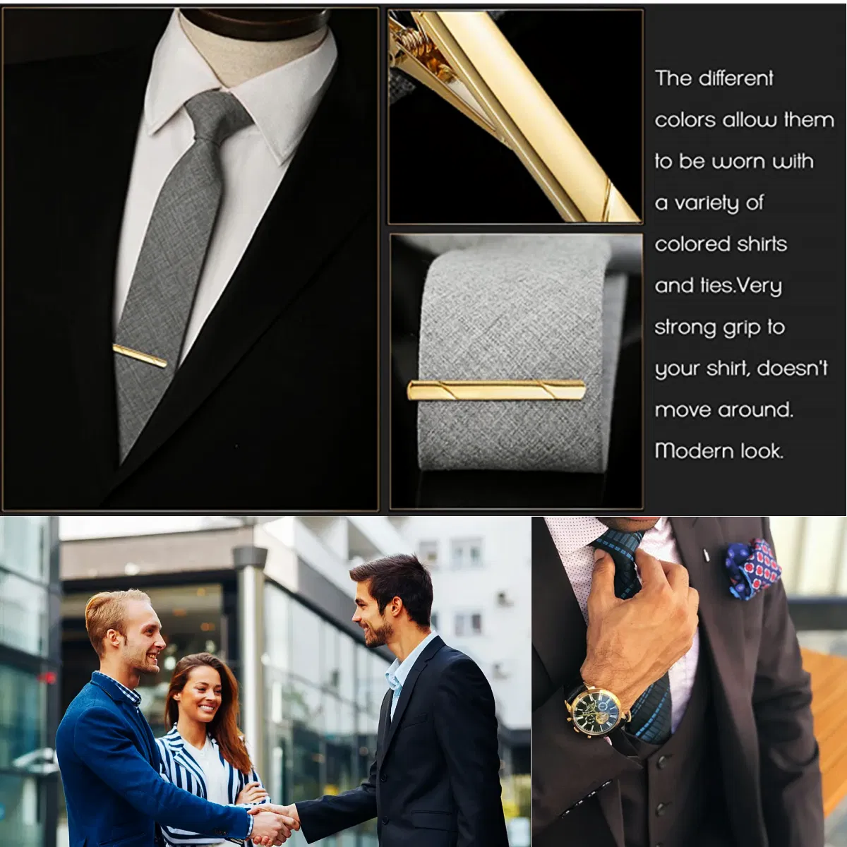 4 Pack Mens Tie Clips in Gold Black and Silver