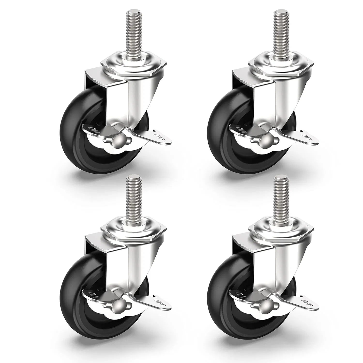 4 Pack 3 Inch Heavy Duty Rubber Swivel Casters with Brakes 600 lb Set Capacity