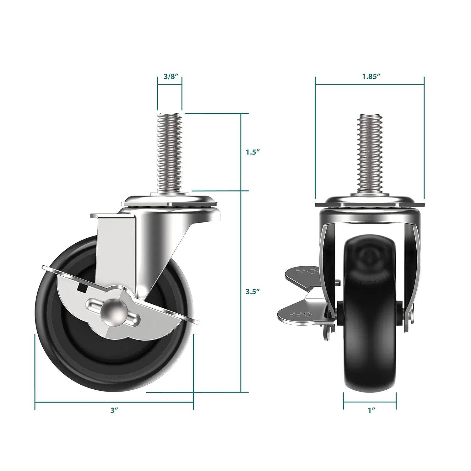 4 Pack 3 Inch Heavy Duty Rubber Swivel Casters with Brakes 600 lb Set Capacity