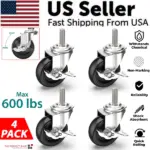 4 Pack 3 Inch Heavy Duty Rubber Swivel Casters with Brakes 600 lb Set Capacity