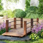 Outsunny 5 Ft Fir Wood Garden Bridge with Side Railings, Arc Walkway for Backyards, Gardens and Streams, Stained Wood - Image 2