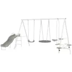 5 in 1 Kids Swing Set for Backyard with Heavy-Duty A-Frame Stand, Saucer Swing, Slide, Seesaw, Glider, Swing Seat, Gray