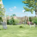 5 in 1 Kids Swing Set for Backyard with Heavy-Duty A-Frame Stand, Saucer Swing, Slide, Seesaw, Glider, Swing Seat, Gray - Image 10
