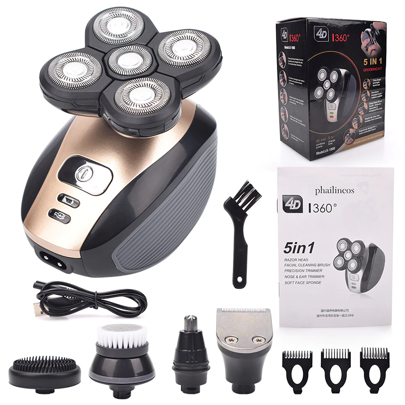 5 in 1 Rotary Electric Head Shaver and Beard Trimmer Rechargeable