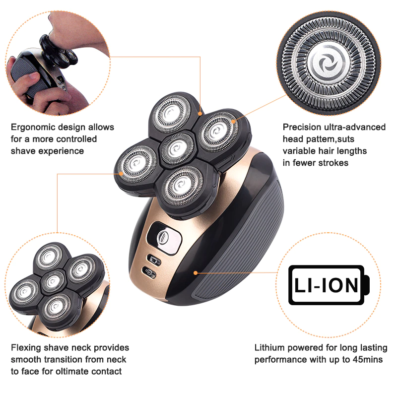 5 in 1 Rotary Electric Head Shaver and Beard Trimmer Rechargeable