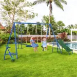 5-in-1 Swing Set With Glider, Heavy Frame Outdoor Playset for Kids, with Saucer Swing, Slide, Seesaw, Glider, Swing Seat, Blue - Image 2