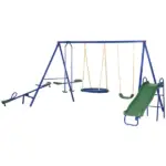 5-in-1 Swing Set With Glider, Heavy Frame Outdoor Playset for Kids, with Saucer Swing, Slide, Seesaw, Glider, Swing Seat, Blue - Image 11
