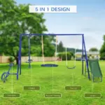 5-in-1 Swing Set With Glider, Heavy Frame Outdoor Playset for Kids, with Saucer Swing, Slide, Seesaw, Glider, Swing Seat, Blue - Image 4