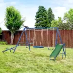 5-in-1 Swing Set With Glider, Heavy Frame Outdoor Playset for Kids, with Saucer Swing, Slide, Seesaw, Glider, Swing Seat, Blue - Image 10