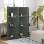 5 Panel 67" Tall Wood Privacy Screen Room Divider with 3 Shelves and Folding Storage for Bedroom, Gray - Image 2