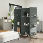 5 Panel 67" Tall Wood Privacy Screen Room Divider with 3 Shelves and Folding Storage for Bedroom, Gray - Image 10