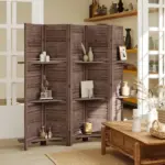 HOMCOM 5 Panel 67" Tall Wood Privacy Screen Room Divider with 3 Shelves and Folding Storage for Bedroom, Walnut - Image 2