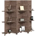HOMCOM 5 Panel 67" Tall Wood Privacy Screen Room Divider with 3 Shelves and Folding Storage for Bedroom, Walnut