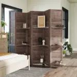 HOMCOM 5 Panel 67" Tall Wood Privacy Screen Room Divider with 3 Shelves and Folding Storage for Bedroom, Walnut - Image 8