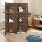 HOMCOM 5 Panel 67" Tall Wood Privacy Screen Room Divider with 3 Shelves and Folding Storage for Bedroom, Walnut - Image 9