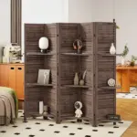 HOMCOM 5 Panel 67" Tall Wood Privacy Screen Room Divider with 3 Shelves and Folding Storage for Bedroom, Walnut - Image 10