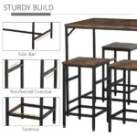 5-Piece Dining Table Set, Industrial Bar Table and 4 Stools, Space-Saving, Rustic Brown/Black for Pub and Kitchen - Image 5