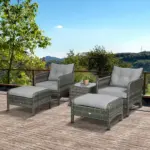 5 Piece Gray Rattan Wicker Lounge Chair Set Outdoor Patio Conversation with Cushions Chairs Ottomans and Glass Table - Image 2